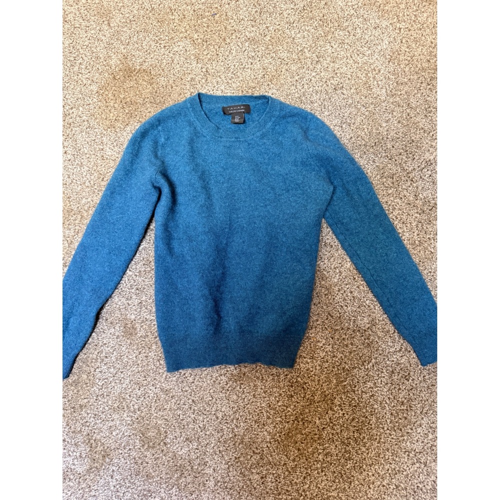 Tahari 100% 2-Ply Cashmere Sweater Teal Blue Crew Neck Long Sleeve Womens Medium